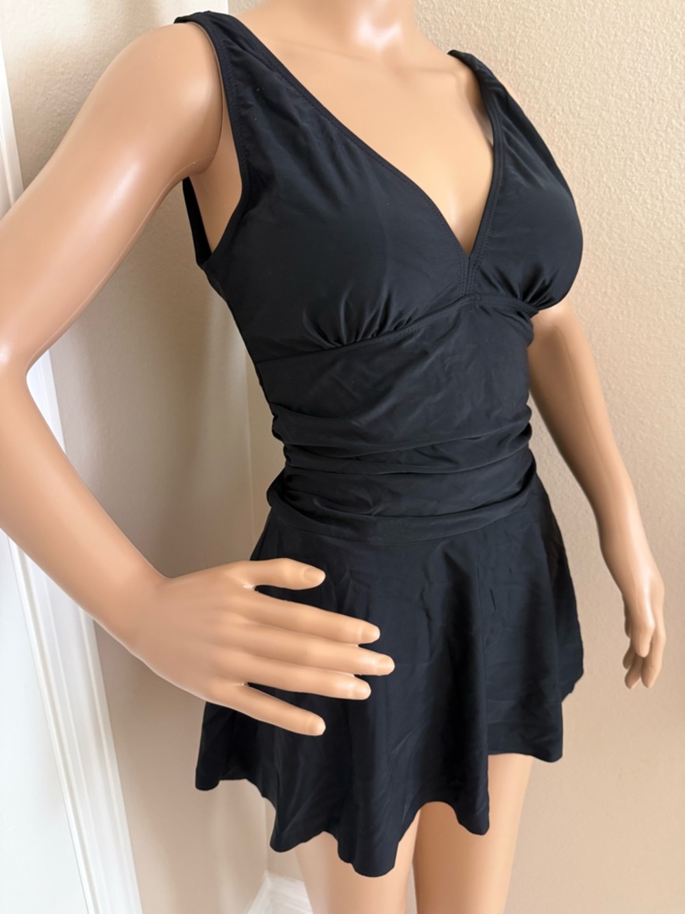 Black V-Neck Swimdress with Skirt built in shorts